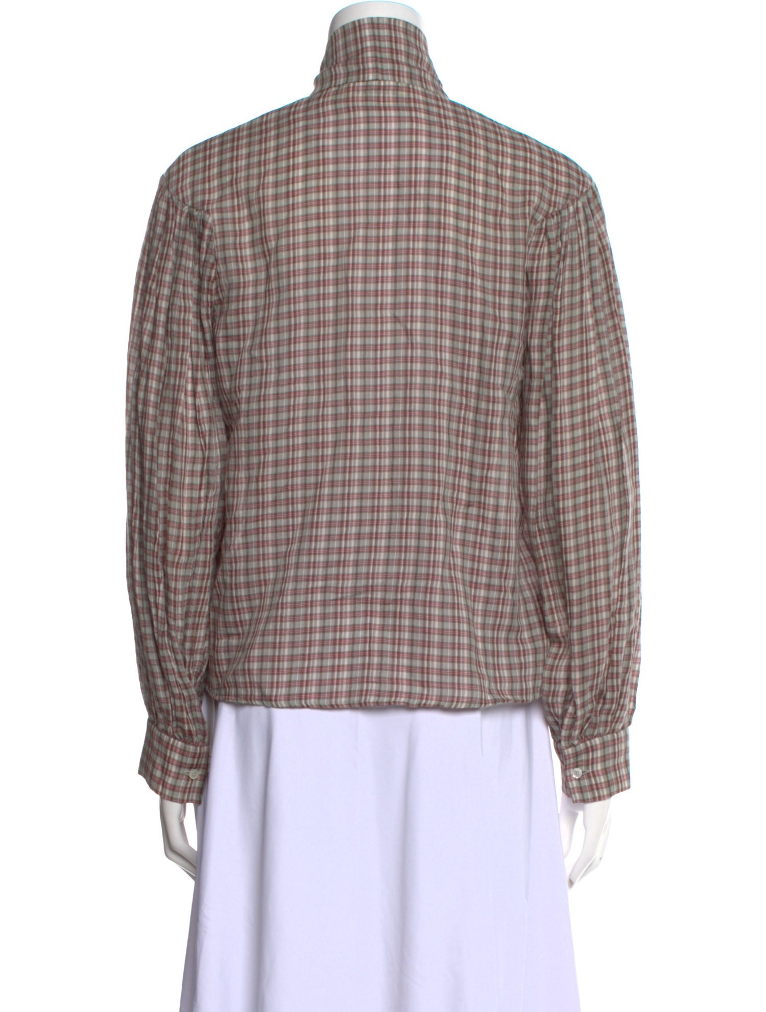 Masscob Plaid Print Tie Neck Button-Up Top